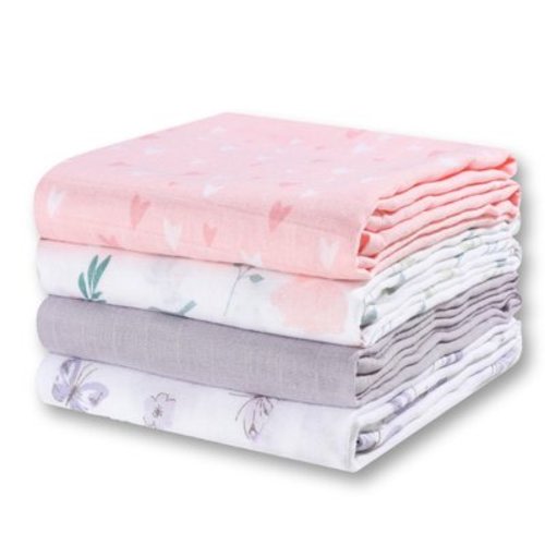 Little Grape Land Baby Muslin Swaddle Blankets 4-Pack Cotton Muslin Blankets for Newborn Infant Girls, 47x47", Butterfly