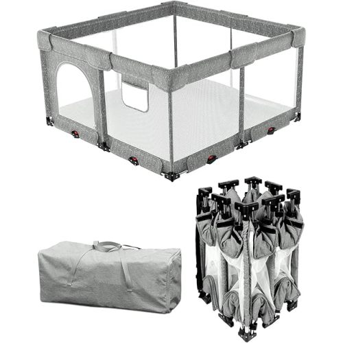 Dearlomum Foldable Baby Playpen with Non Removable Mat, Extra Large Collapsible Play Yard for Babies & Toddlers, Portable Travel Playpen, Baby Activity Center for Indoor & Outdoor Use (Grey 51"×51")