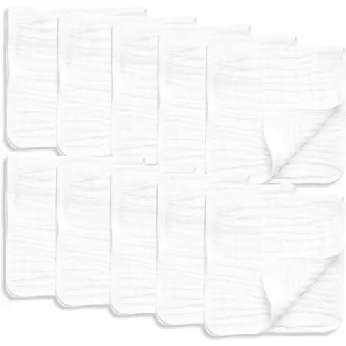 AllSett Health 10 Pack Muslin Burp Cloths Large 20" by 10" 100% Cotton, Hand Wash Cloth 6 Layers Extra Absorbent and Soft White