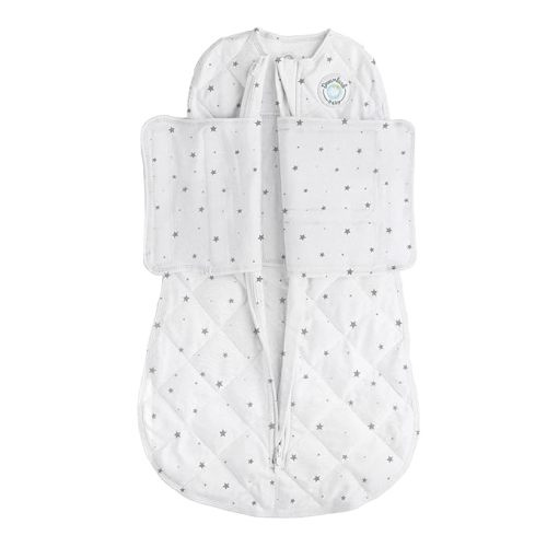 DREAMLAND BABY Weighted Sleep Swaddle Sack, Babies Aged 0-6 Months. 100% Cotton, Evenly Distributed Weight from Shoulders to Toes (White w/Grey Stars) - Starry White