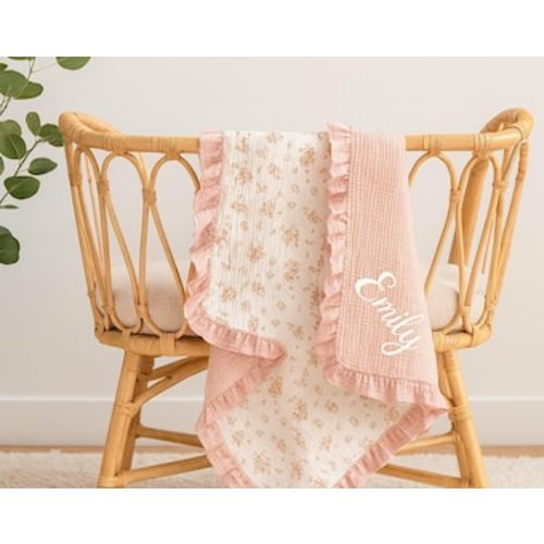 Personalized Baby Blanket with Name | Cotton Muslin Ruffle Edge Swaddle | Newborn Girl Gift | Floral Baby Bedding | Soft Infant Crib Blanket