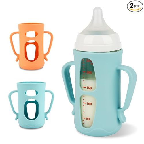 Silicone Sleeves for Pigeon Baby Bottles 8.1 oz,Anti Breakage Glass Baby Bottle Holder with Handles 2 Pack