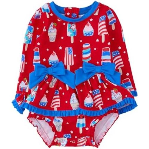 RuffleButts Baby Girls UPF50+ Long Sleeve One Piece Bow Peplum Rash Guard Swimsuit