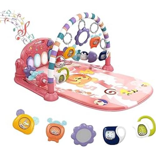 dearlomum Baby Play Mat Baby Gym,Funny Play Piano Tummy Time Baby Activity Mat with 5 Infant Sensory Baby Toys, Music and Lights Boy & Girl Gifts for Newborn Baby 0 to 3 6 9 12 Months (Tiger Pink)