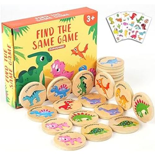 Wooden Match Memory Game for Kids, 24Pc Memory Matching Cards with 5Pc Tattoo Stickers, Educational Memory Matching Game for Pre-Kindergarten Early Learning Development Kids-Dinosaur