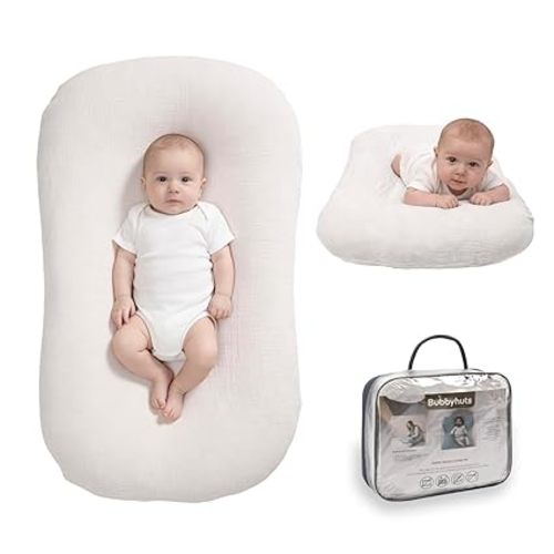 Baby Lounger - Snuggle Cozy Me Infant Lounger for Newborn 0-12 Months, Muslin Cover,Portable Breathable & Soft Baby Nest Lounger for Home and Travel - White