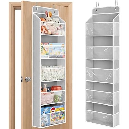 JARLINK Toy Stuffed Animal Storage, Over The Door Organizer W/Clear View Windows, 44lb Load, Baby Toy Storage Organizer for Nursery, Kid Bedroom, Newborn Baby Essentials (Light Grey)