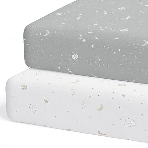 Crib Sheets Neutral - Fitted Baby Crib Sheets Bed for Girl Boy - 2 Pack Standard & Toddler Mattress (Galaxy, Moon, and Stars) - Buttery Soft Organic Cotton Blend
