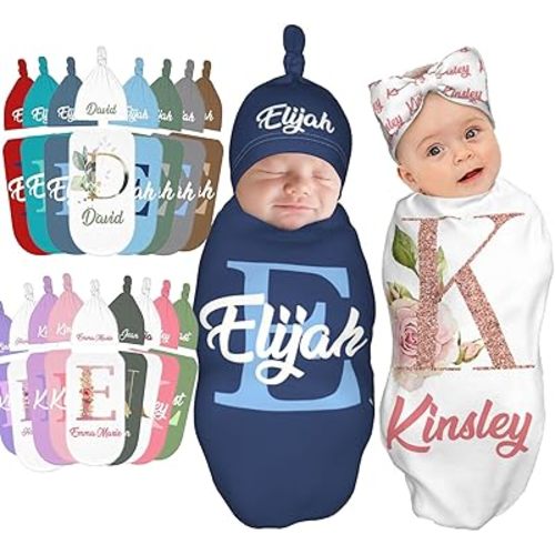 Swaddle and Hats Custom Baby Blankets for Girls Boys Blankets Baby Gifts Personalized Baby Items (Initial Style)