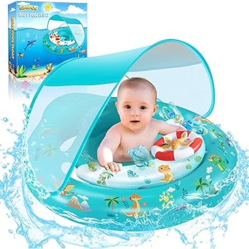 Baby Pool Float with Canopy UPF50+ Sun Protection, Inflatable Kids Pool Floats with Toy Play Console for Baby 6-36 Months, Infant Swimming Float with Adjustable Safety Seat for Boys Girls