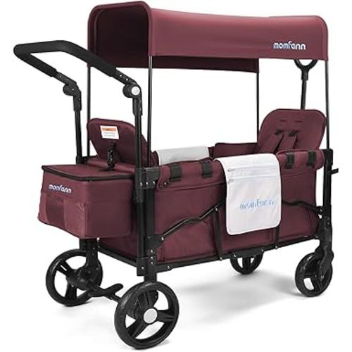 Stroller Wagon for 2 Kids, Baby Wagon Stroller with Adjustable Handle for Infants and Toddlers with Canopy & Organizer, Foldable and Convenient for Storage, Purple