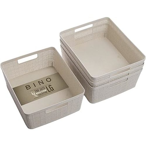 BINO - Woven Plastic Basket, Medium (Natural), 4-Pack, The Jute Collection, Home Organization, Space-Saving Storage, Stylish Design, Jute Basket