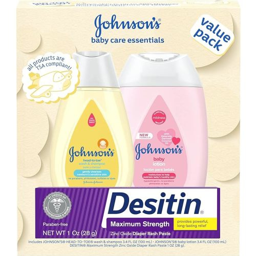Johnson's Baby Care Essentials Gift Set, Baby Skincare Set with Body Wash & Shampoo, Body Lotion, & Zinc Oxide Diaper Rash Paste for Baby's Delicate Skin, Value Pack, Travel-Size, 3 Items - Welcome Baby Travel Gift Set