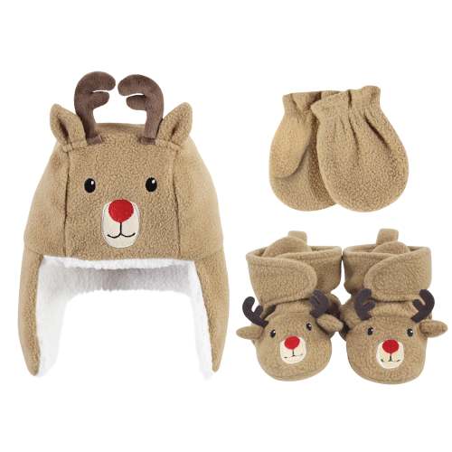 BabyMallOnline.com Hudson Baby Unisex Baby Trapper Hat, Mitten and Bootie Set, Reindeer - Hudson Baby Unisex Baby Trapper Hat, Mitten and Bootie Set, Reindeer