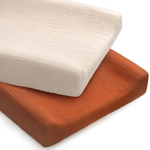 Pro Goleem Muslin Changing Pad Cover for Boys and Girls, Soft Breathable Fitted Cotton Diaper Changing Table Pad Sheets, Neutral, 2 Pack (Brown＆Beige)