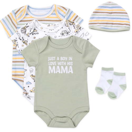 Baby Essentials Baby Boy 5 Piece Bodysuit Set, Cotton Blend Rompers with Matching Hat and Socks, Baby Outfit Gift, (3 months,In Love with his Mama Green Multi)