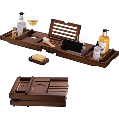 HBlife Bathtub Caddy Tray Foldable Bamboo Bath Table Tray with Book and Wine Glass Holder, Expandable Bathroom Accessories