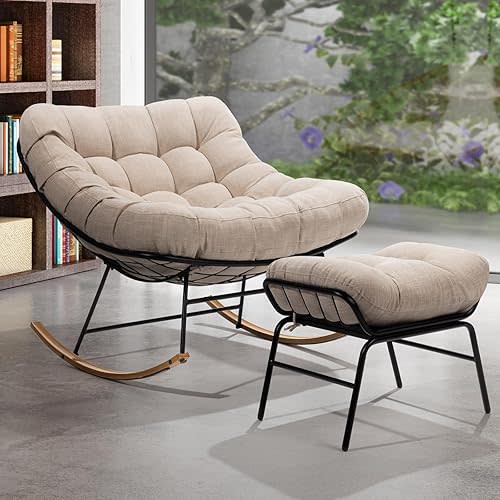 Bme Patio Rocking Chair Outdoor & Indoor with Ottoman, Metal Patio Lounge Rocking Chair with Thick Cushion, Comfy Modern Rocker Chair, Beige Cushion - Wood Texture Rocker