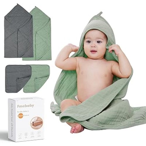 Hooded Baby Towels for Newborn, 2 Pack 36x36 Inch Muslin Cotton Baby Bath Towel and 12x12 Inch Washcloth Set with Hood for Babies, Toddler and Kids, Essentials Must Haves (Grey and Green)