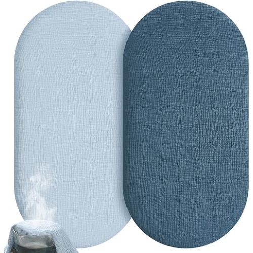 Muslin Bassinet Sheets Boy Girl, 100% Cotton Fitted Bassinet Sheet Set 2 Pack Bassinet Mattress Sheets Universal Fit for Rectangle, Round, Oval, Hourglass Mattress, Soft Breathable