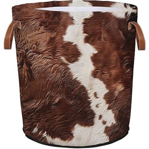 Cow Print Brown Laundry Basket Waterproof Collapsible Laundry Hamper Tote With Handles Oxford Cloth Toy Storage Organizer Dirty Clothes Bucket for Bathroom, Bedroom, Living Room