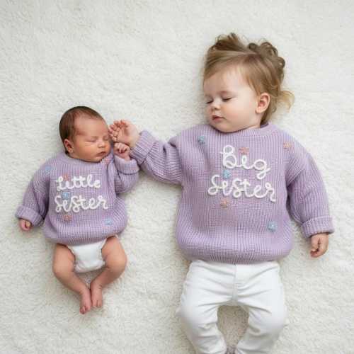 Hand embroidered Big Sister Lil Sweater -Personalised Sibling Jumper-Custom Baby Sweater- First Birthday Gift for Toddler