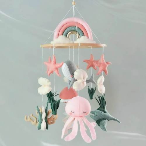 Handmade Ocean Baby Mobile with Rainbow | Soft Felt Sea Creatures Nursery Crib Mobile | Baby Shower & Newborn Gift
