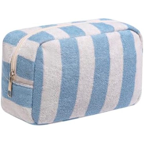 Terry Cloth Striped Makeup Bag, Beach Style Pouch(01Blue)