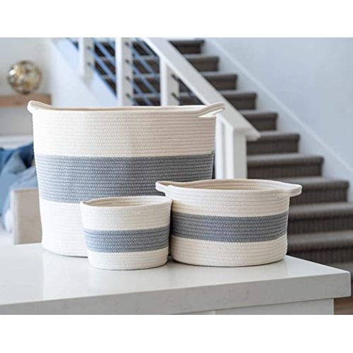 Little Hippo 3pc Large Cotton Rope Basket (21"x16") 100% Natural Cotton! Rope Basket, Woven Storage Basket, Large Basket, Blanket Basket Living Room, Toy Basket, Pillow Basket, Round Basket