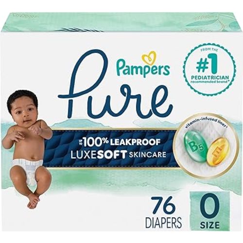 Pampers Pure Baby Diapers, Size 0 (>10 lbs), 76, Up to 100% Leakproof, Premium Hypoallergenic Soft Diapers