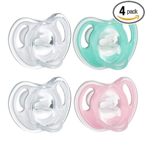 Tommee Tippee Ultra-Light Silicone Pacifier, 0-6 Months, Symmetrical One-Piece Design, BPA-Free Silicone Binkies, Clear/Green/Pink, Pack of 4