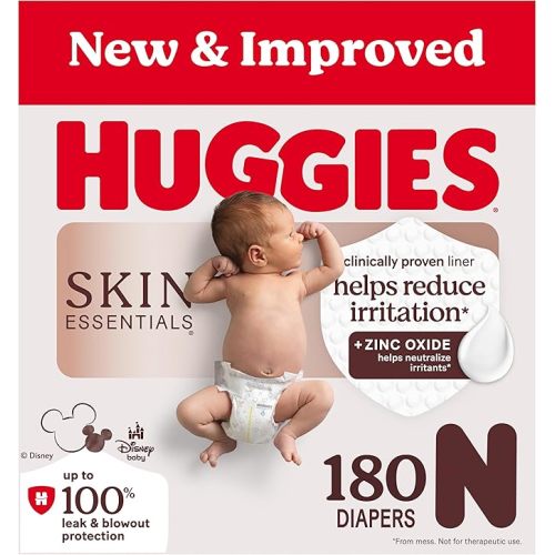 Huggies Size Newborn Diapers, Skin Essentials Baby Diapers, Size Newborn (6-9 lbs), 180 Count (3 Packs of 60), Packaging May Vary