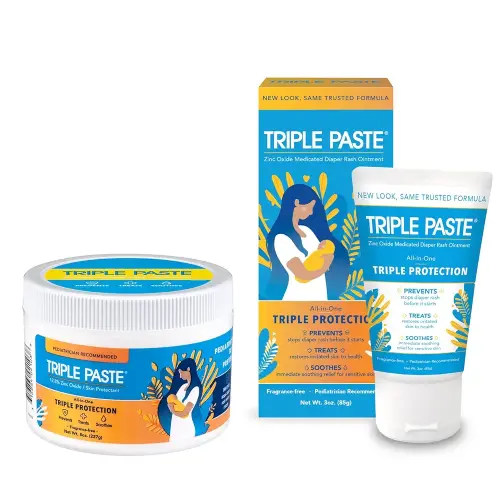 Triple Paste Diaper Rash Cream for Baby - 8 Oz Tub & 3 Oz Tube At Home & On the Go Bundle - Zinc Oxide Ointment Treats, Soothes and Prevents Diaper Rash