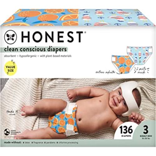 The Honest Company Clean Conscious Diapers | Plant-Based, Sustainable | Orange You Cute + Feeling Nauti | Super Club Box, Size 3 (16-28 lbs), 136 Count