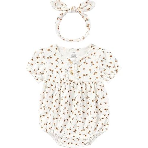 Baby Girls Clothes Set Cotton Floral Bodysuit Dress with Headpiece for 3-24 Months