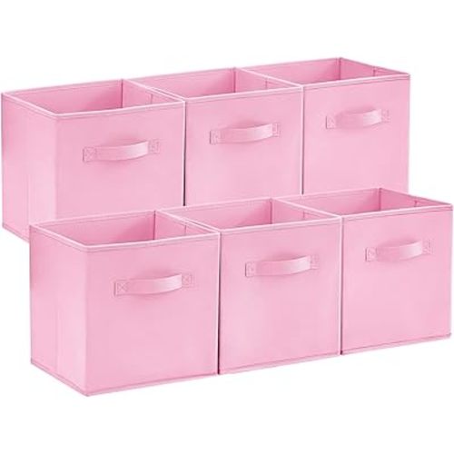 Lifewit 11 Inch Cube Storage Bins, Storage Cubes Foldable Medium Decorative Fabric Storage Baskets for Organizing Home Organizers with Handles for Shelves, Closet, Set of 6, Pink