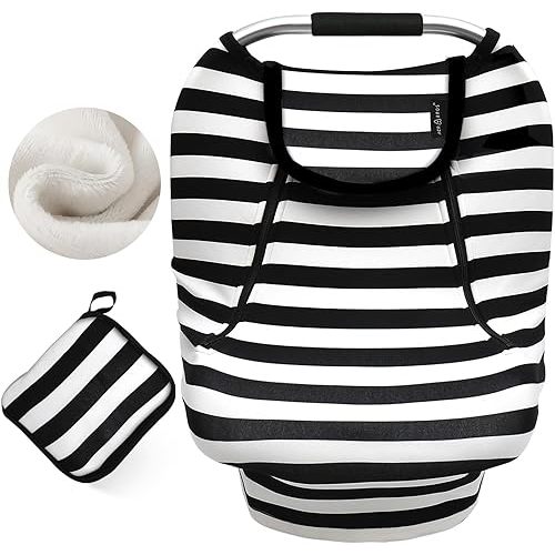 Car Seat Covers, Infant Carseat Cover Canopy for Boys and Girls, Stretchy Adjustable Peeping Window with Mesh Cover,Warm Breathable Universal, Black White Stripe