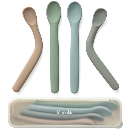 Moonkie Silicone Baby Spoons Set of 4, Soft-Tip Spoon for First Stage Infant Feeding, Bendable, Chewproof & Boil-proof Baby Training Spoon with Case (Grey/Warm Taupe/Ether/Sage)