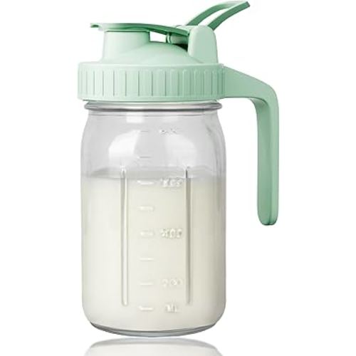 32oz Breast Milk Pitcher, 1 Qurat Glass Mason Jar with Flip Cap Lid and Pour Spout, 100% Airtight Leakproof Water Jugs for Iced Sun Tea, Juice, Cold Coffee, Breastmilk Storage Container, Green