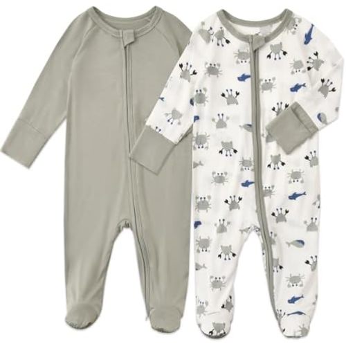 Aablexema Baby Footed Coverall Pajamas with Mittens Rayon from Bamboo 2pcs Newborn Infant 2-way Zipper Outfit