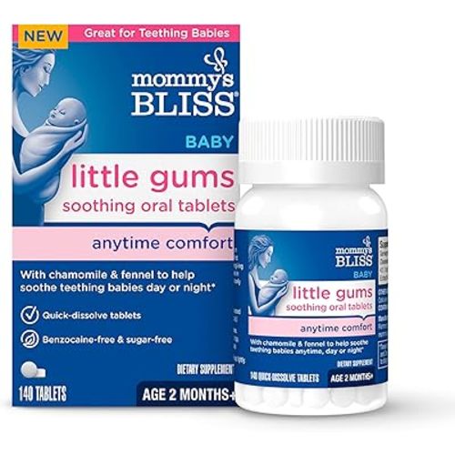 Mommy's Bliss Little Gums Soothing Oral Tablets, Great for Teething Babies, Benzocaine-Free & Sugar-Free, 2 Months+, 1 Bottle (140 Tablets)
