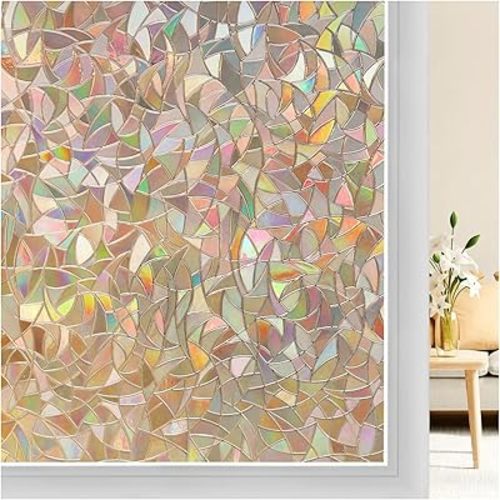 rabbitgoo Window Privacy Film Rainbow Film Decorative Window Sticker, 3D Static Stained Glass Cling Tint for Home Heat Control Non-Adhesive, Brown, 17.5 x 78.7 inches