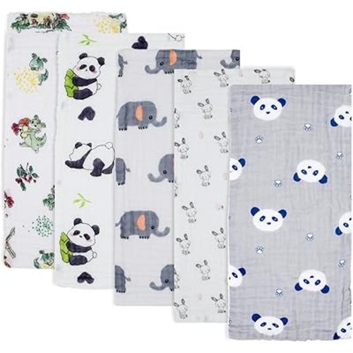 PENG'S M Muslin Burp Cloths 5-Pack 20''x10'' Panda Baby Burping Cloth Set 100% Cotton Washcloths 6 Layers Baby Essentials Super Soft and Absorbent