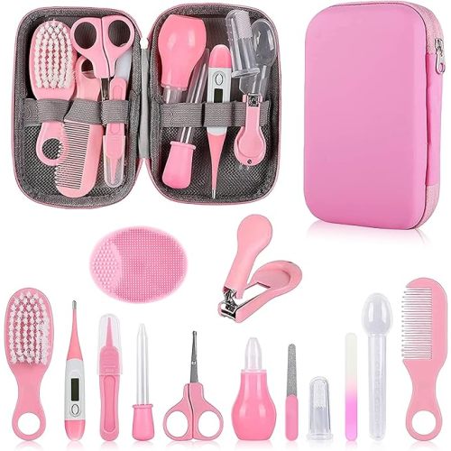 Baby Grooming Kit, Infant Safety Care Set with Hair Brush Comb Nail Clipper Nasal Aspirator,Baby Essentials Kit for Newborn Girls Boys (Pink Baby Grooming kit)
