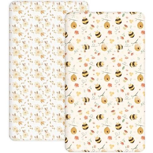 Crib Sheets for Boys Girls, 2 Pack Jersey Knit Fitted Crib Sheets for Standard Toddler Mattress 28"x 52", Soft and Breathable Baby Bedding (Crib Sheet, Honeybee Dreams)