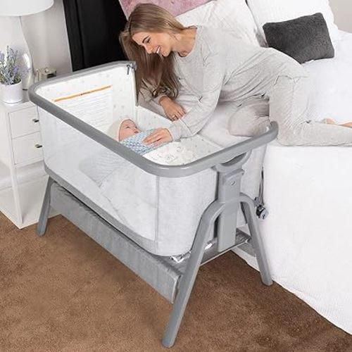 Beberoad Love Baby Bassinet Beside Sleeper for Baby Lightweight Portable 6 Heights Adjustable Beside Crib Baby Bed Cradle for Newborns Infants with Mattress Wheels Storage Basket Travel Bag Light Grey
