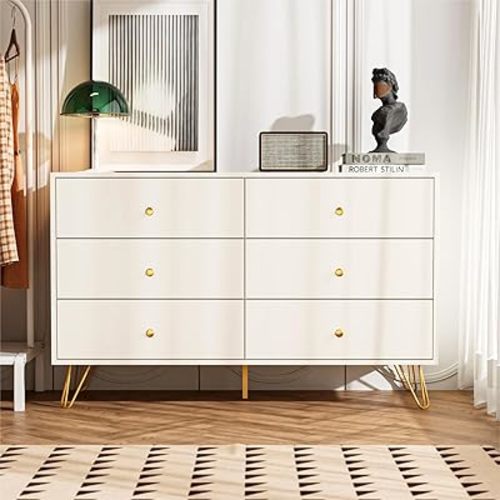 White Dresser for Bedroom, 6 Drawer Dresser with Golden Handles, Large Storage Cabinet, Modern Chest of Drawers Organizer Storage for Hallyway, Entryway