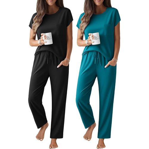 Ekouaer 2 Packs Pajamas for Women Set Cap Sleeve Top and Pants Soft Sleepwear Comfy Pjs Set with Pockets Loungewear