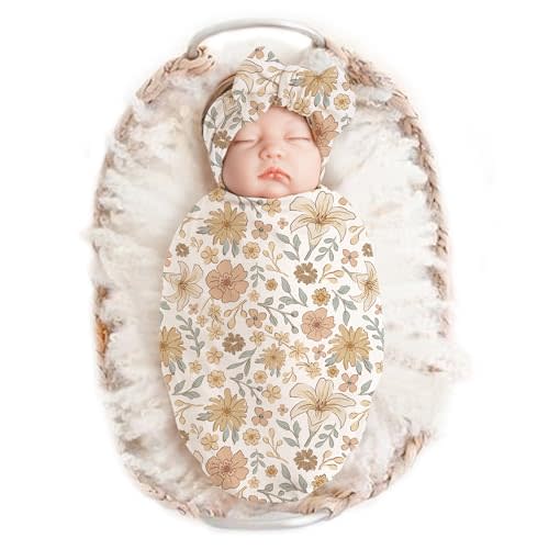 Konssy Baby Girl Newborn Receiving Blanket with Headband Set Baby Swaddle Nursery Swaddle Wrap