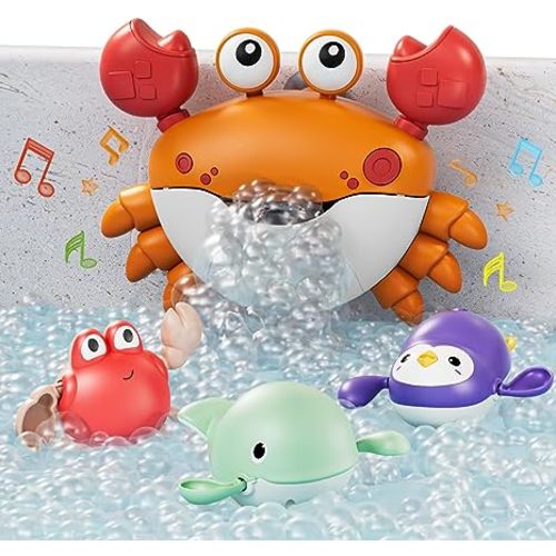 TUMAMA Baby Bath Toy,Musical Bath Bubble Maker Machine,3 Wind-Up Bathtub Toys,Crab Shower Water Toy for Toddlers Kids Boys Grils,4 Pieces